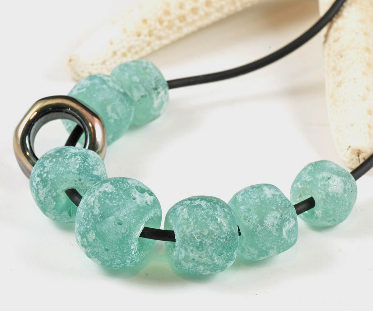 Friction Sea Green - Modern Necklace With Handmade Lampwork Beads, Bottle Green, Antique Gold, Sterling Silver